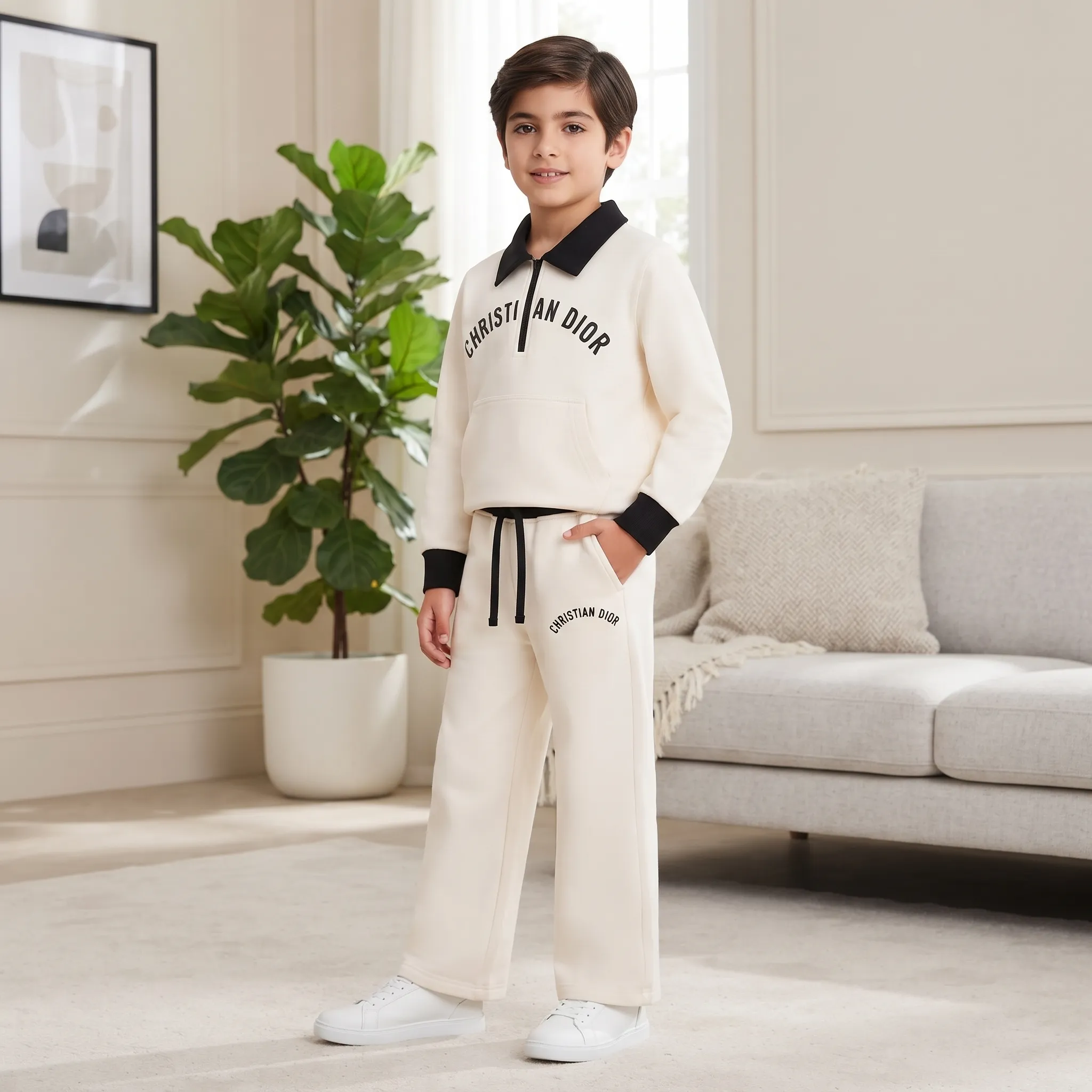 Boys’ Black & off white Fleece Tracksuit Set – Contrast Polo Collar Half-Zip Sweatshirt alternate