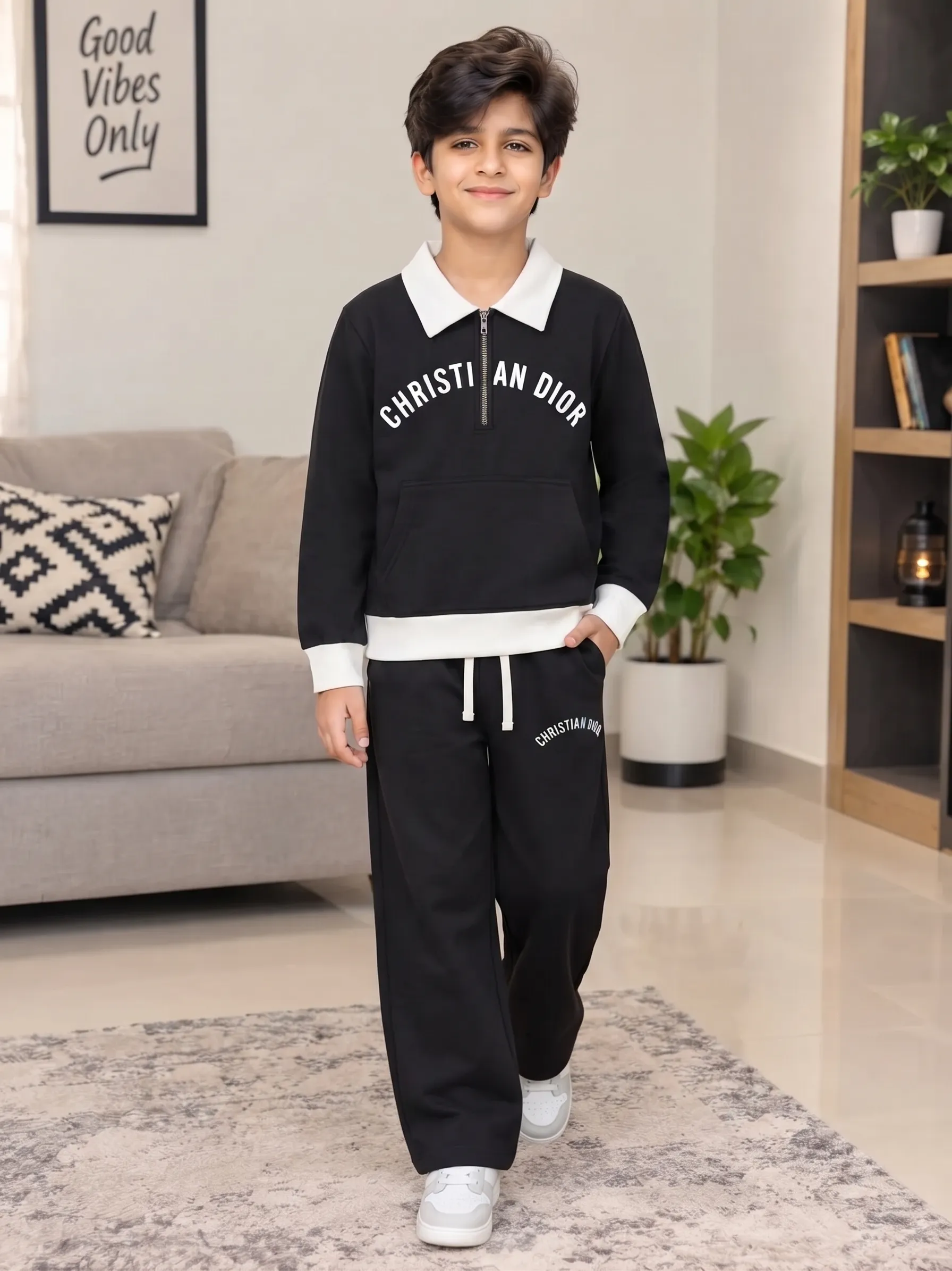 Boys’ Black & White Fleece Tracksuit Set – Contrast Polo Collar Half-Zip Sweatshirt