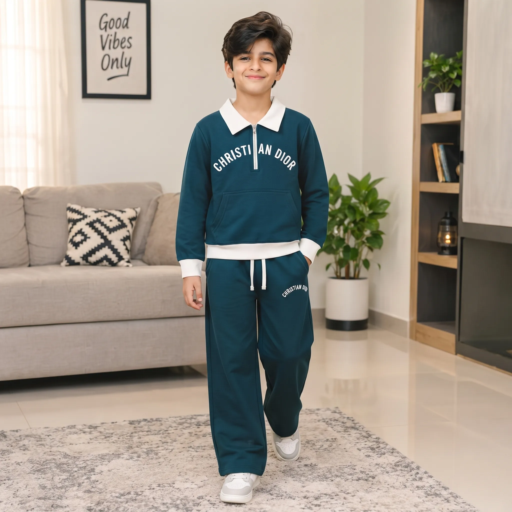 Boys’ Black & Zinc Fleece Tracksuit Set – Contrast Polo Collar Half-Zip Sweatshirt alternate