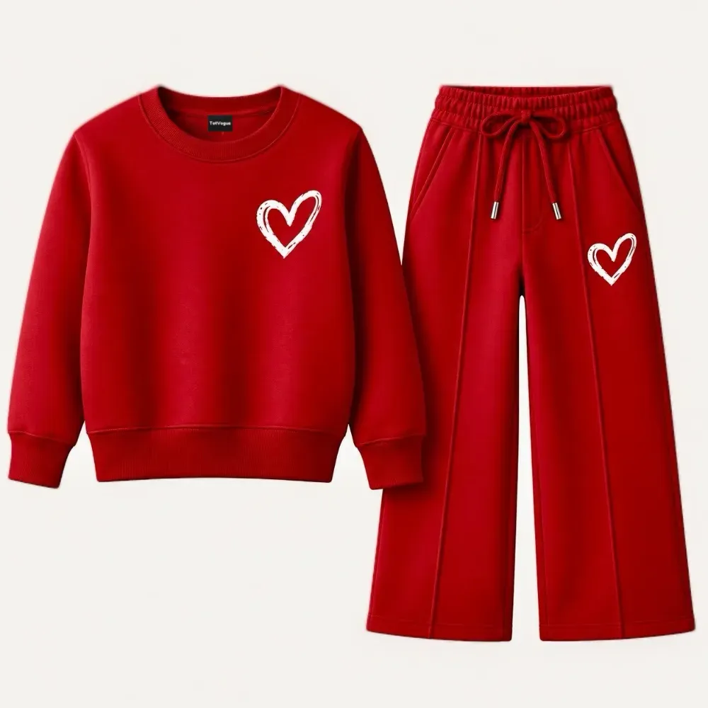 Children's Red Heart Print Loungewear Set Premium Quality Fleece