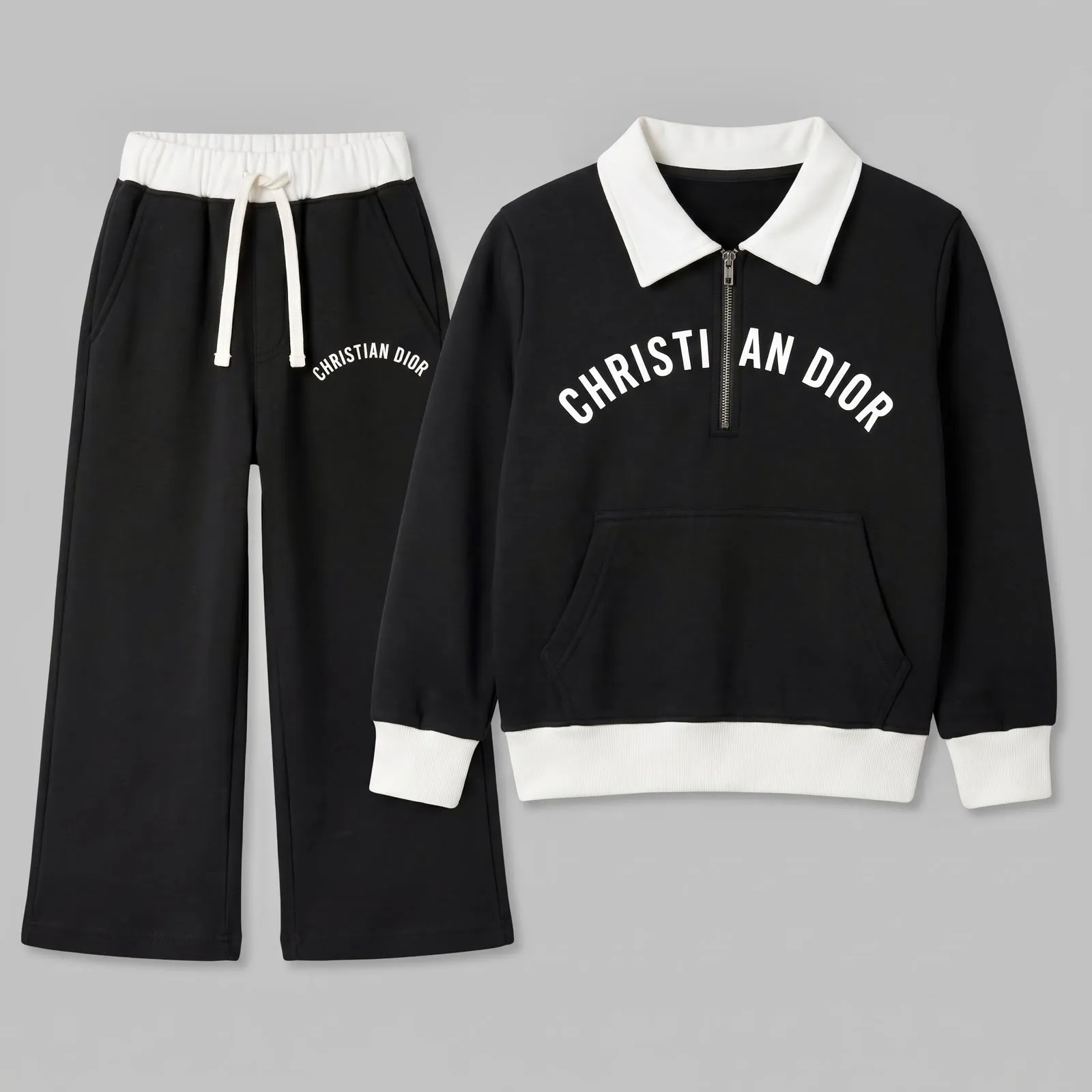 Boys’ Black & White Fleece Tracksuit Set – Contrast Polo Collar Half-Zip Sweatshirt
