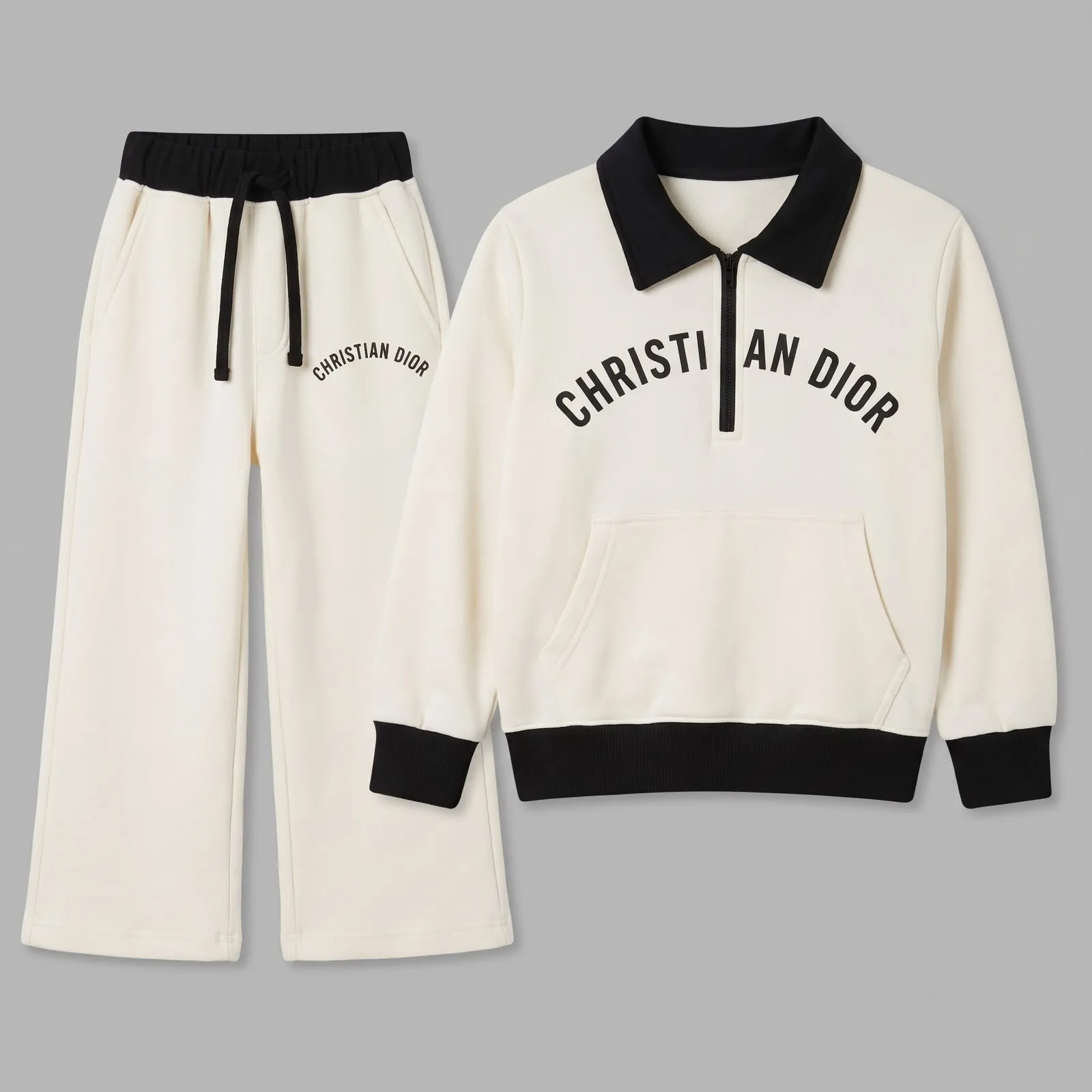 Boys’ Black & off white Fleece Tracksuit Set – Contrast Polo Collar Half-Zip Sweatshirt thumbnail 1
