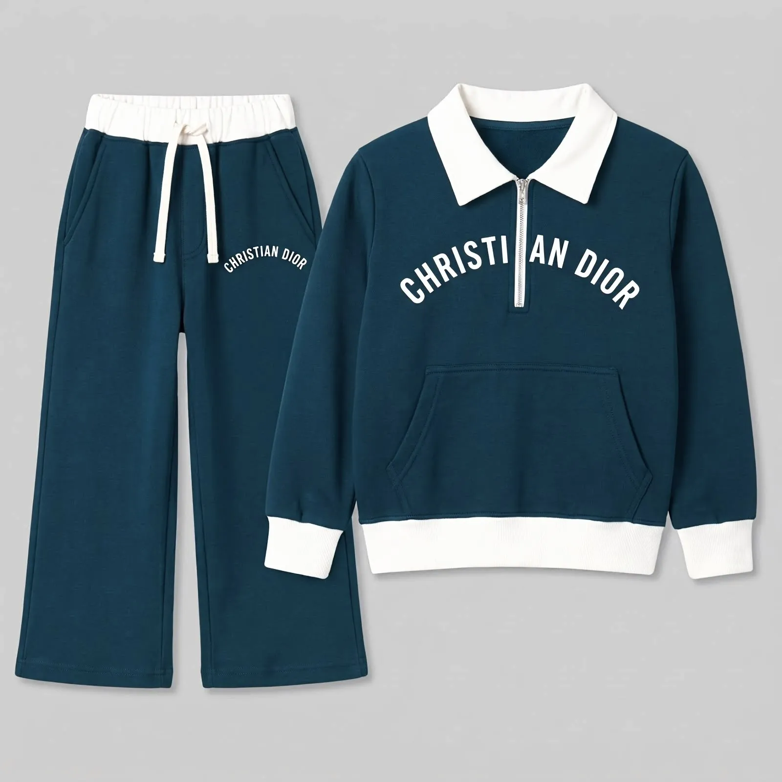 Boys’ Black & Zinc Fleece Tracksuit Set – Contrast Polo Collar Half-Zip Sweatshirt